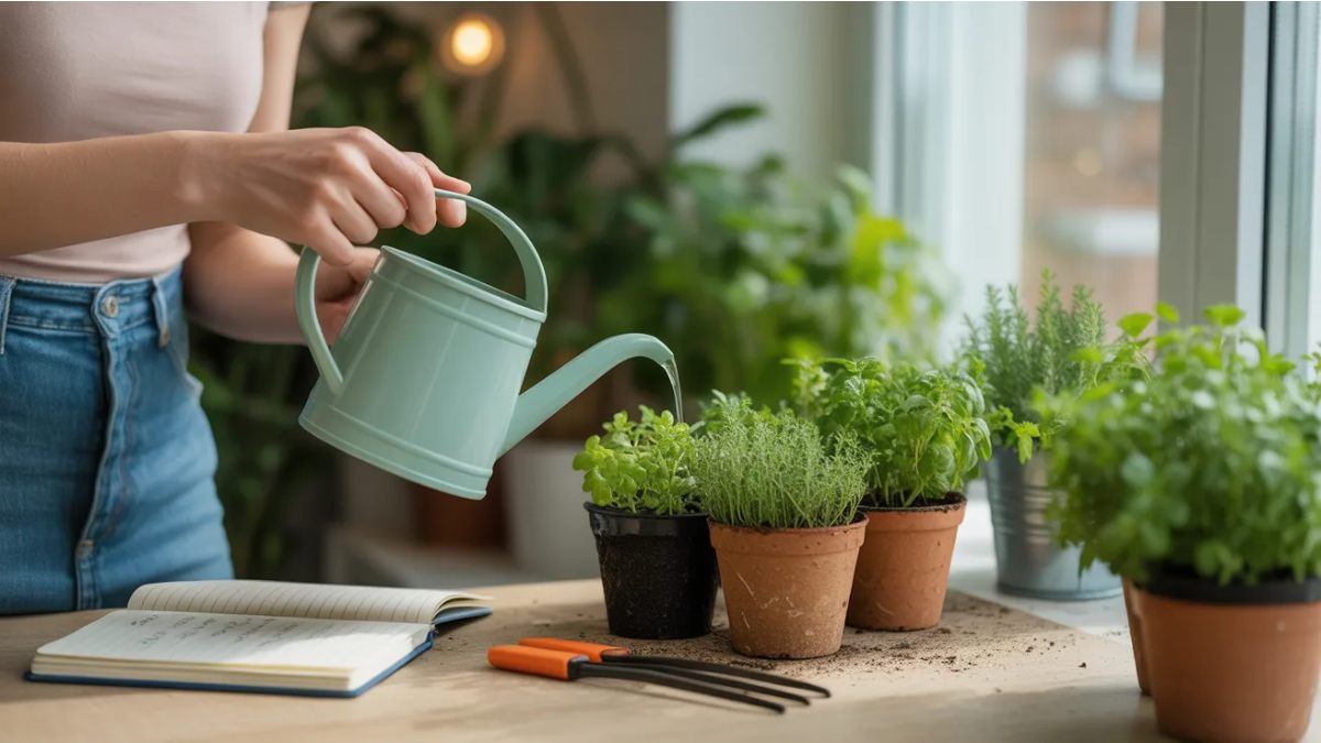 A beginner gardener watering small herb pots near a bright window with tools and a care notebook showing simple quick tips for successful home gardening. 