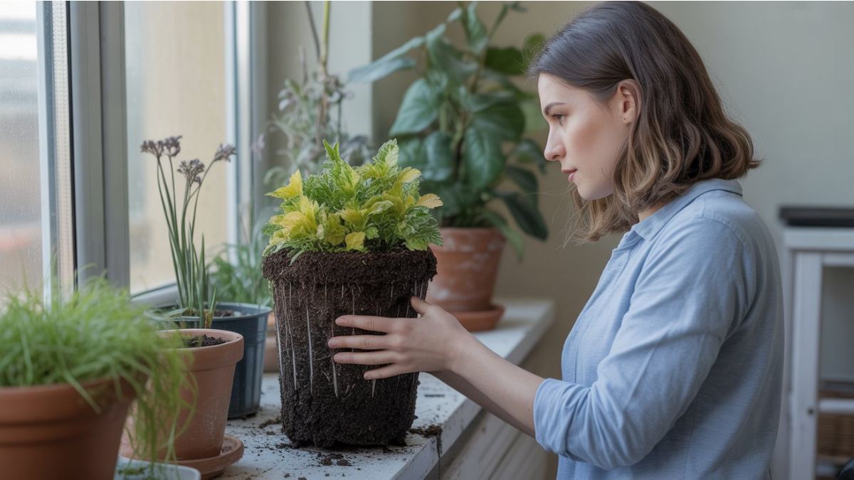 A beginner gardener examining a struggling plant with yellow leaves and soggy soil showing common gardening mistakes that affect plant growth at home. 