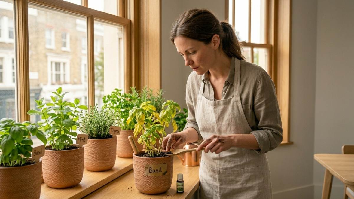 A person examining a yellowing herb plant on a windowsill while adjusting care to fix common indoor herb gardening problems at home. 