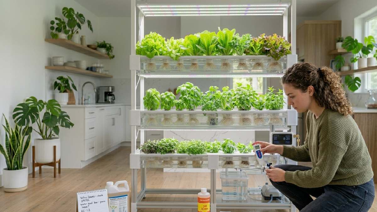 A person examining struggling plants in an indoor hydroponic system checking nutrient levels and pH meter to fix common beginner mistakes. 