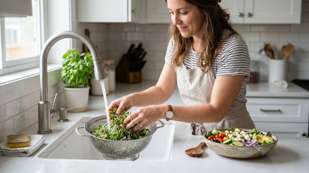 A person carefully washing fresh microgreens in a colander beside a simple salad bowl showing proper handling to avoid common salad mistakes.
