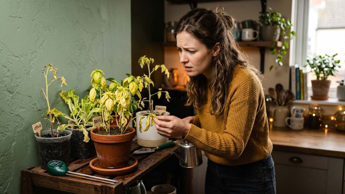 A struggling indoor vegetable garden with yellow leaves and soggy soil showing common beginner mistakes that slow plant growth at home. 