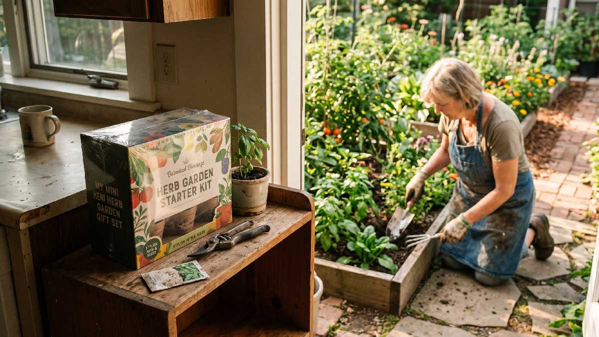 An unused decorative gardening gift in a box beside a practical tool set being used showing common mistakes to avoid when buying gardening gifts for men.