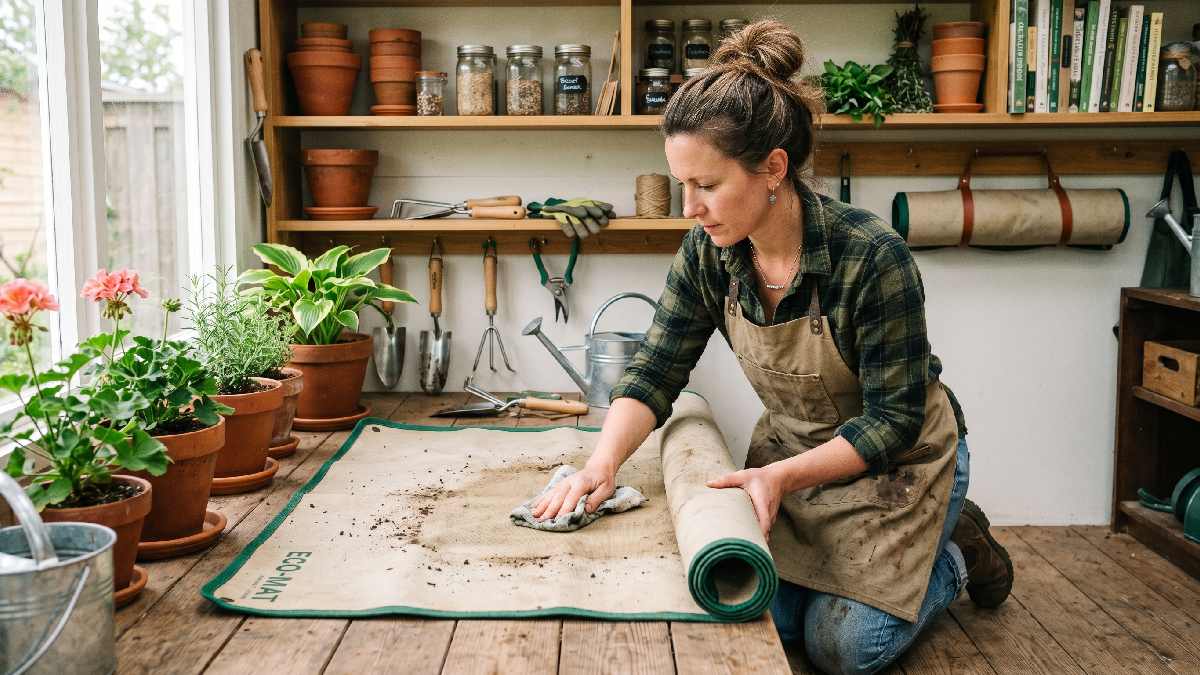 A gardener avoiding common mistakes by properly cleaning, sizing, and storing a gardening mat for long term use and better gardening results. 
