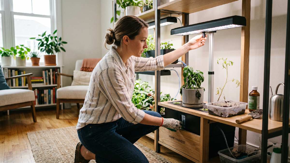 A person inspecting overwatered plants and adjusting grow lights in an indoor gardening system showing common mistakes to avoid at home. 