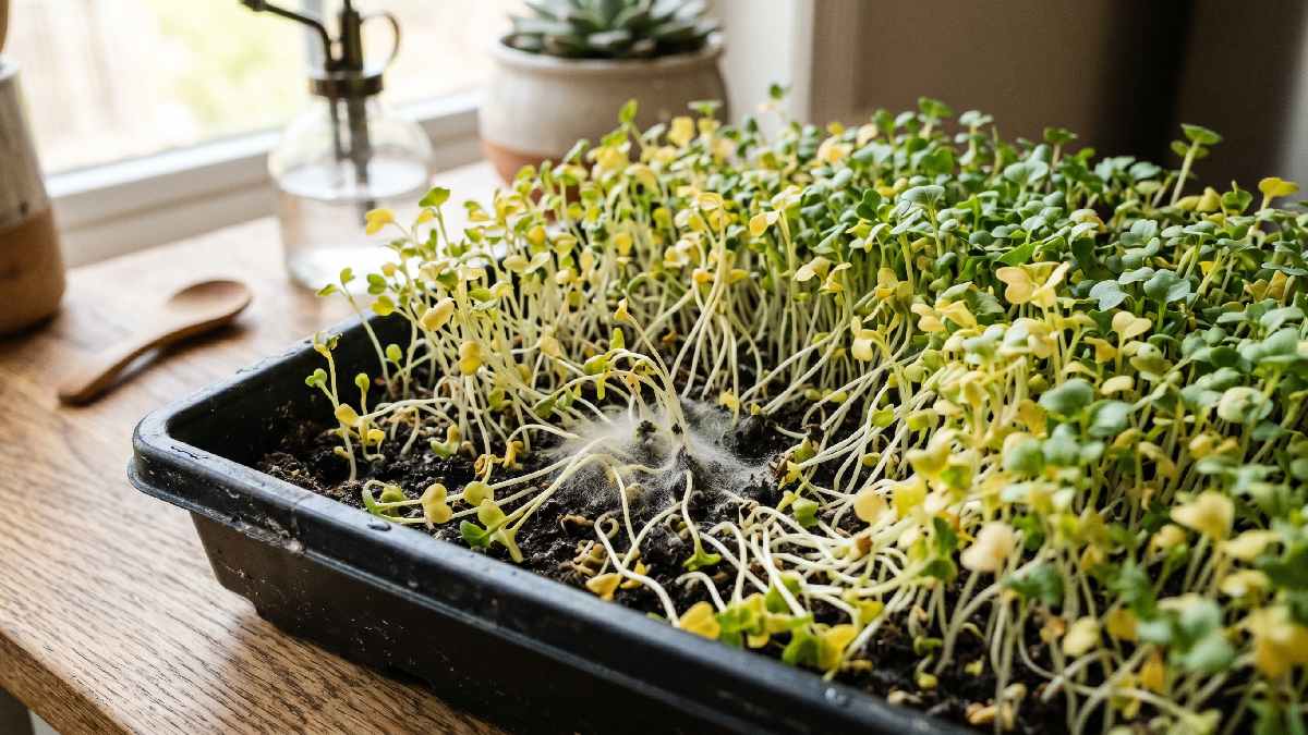 A broccoli microgreen tray showing mold near stems, yellow leaves, and overcrowded seeds displaying common problems during home microgreen growing.