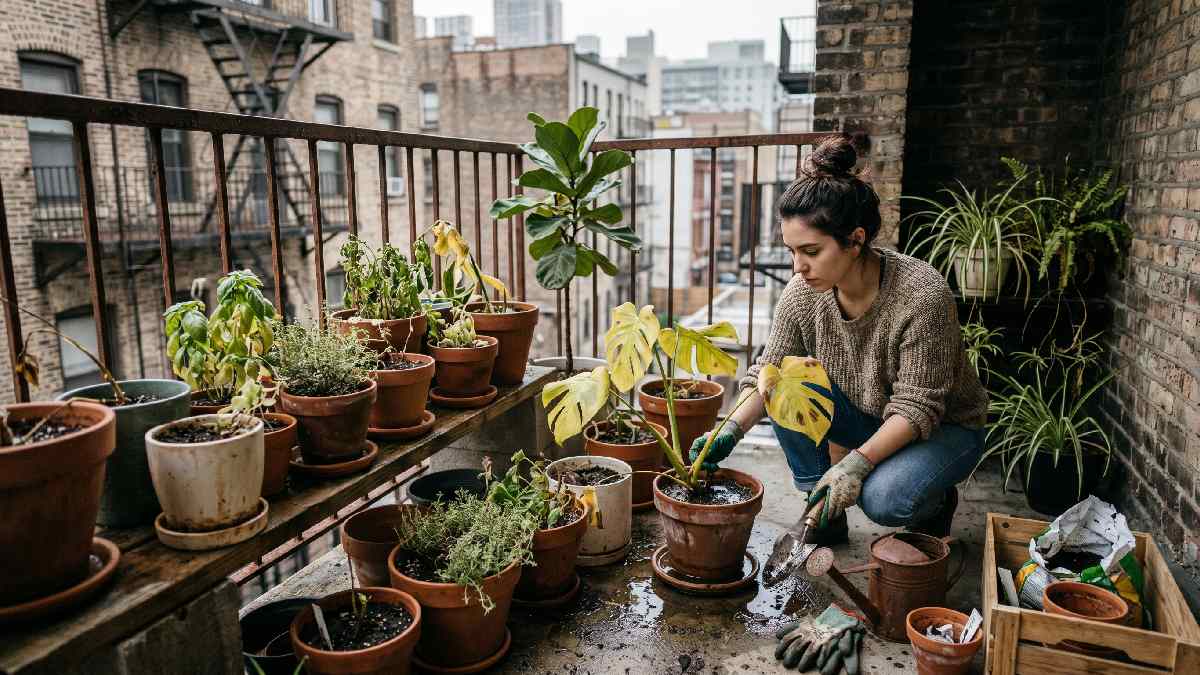 A struggling urban apartment garden with yellowing overwatered plants and poor lighting showing common urban gardening mistakes to avoid at home. 