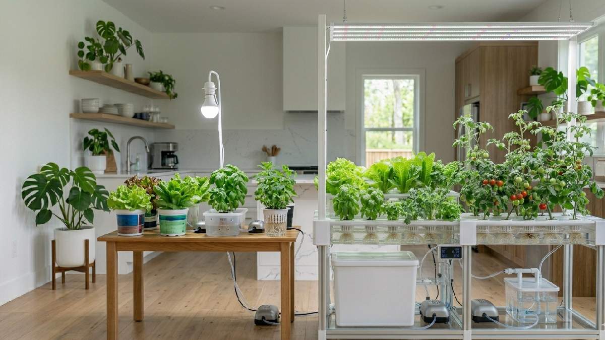 A small budget hydroponic setup beside a larger advanced indoor hydroponic system showing different cost and capacity options at home. 