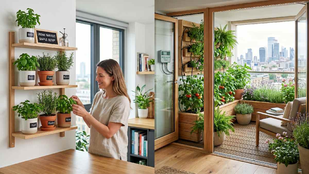 Two urban gardening service setups showing a simple affordable indoor herb shelf beside a premium full balcony green transformation for different budget options. 