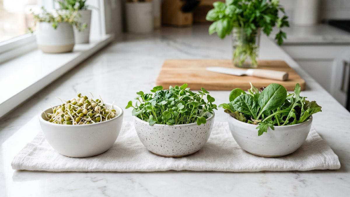 Three bowls showing sprouts, microgreens, and baby greens side by side displaying clear differences in plant growth stages and textures.