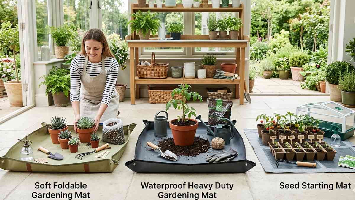 Different types of gardening mats including soft foldable and waterproof styles displayed with plants and tools for various indoor and outdoor gardening needs. 