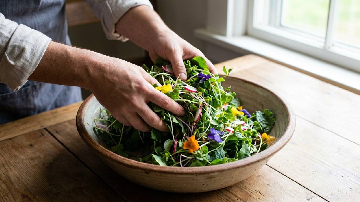“Gently mixing microgreen salad.”