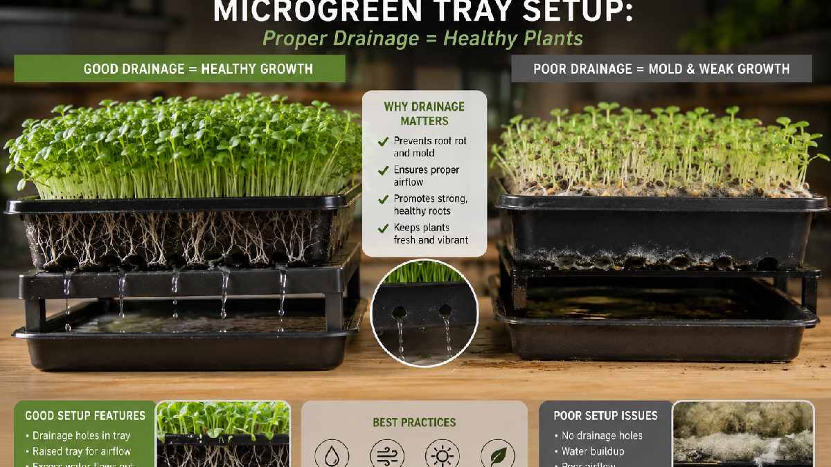 Proper drainage system in microgreen trays prevents water buildup, supports healthy roots, airflow, mold prevention, and strong plant growth