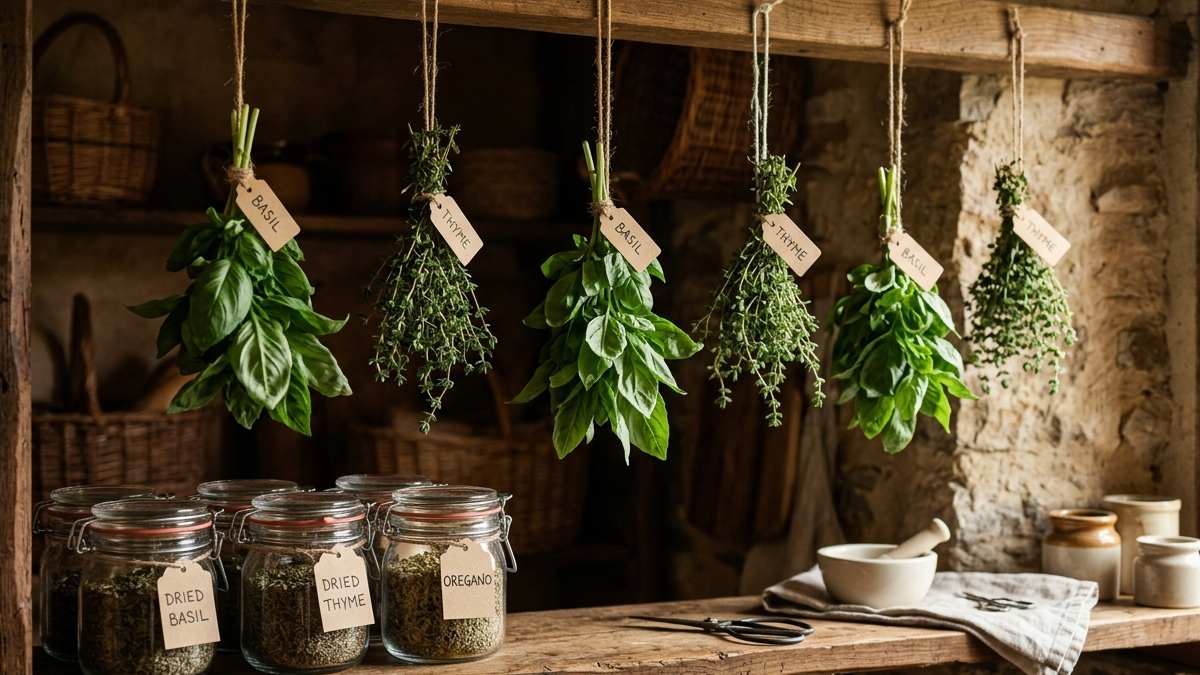 Herb bundles hanging upside down to dry indoors with airtight glass jars of dried basil and thyme stored on a wooden shelf nearby. 