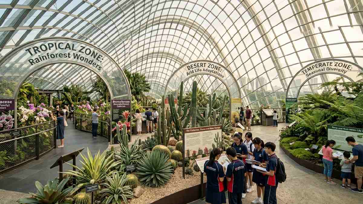 An educational indoor botanical conservatory with labeled climate zone plant displays and visitors learning about rare plant collections inside. 