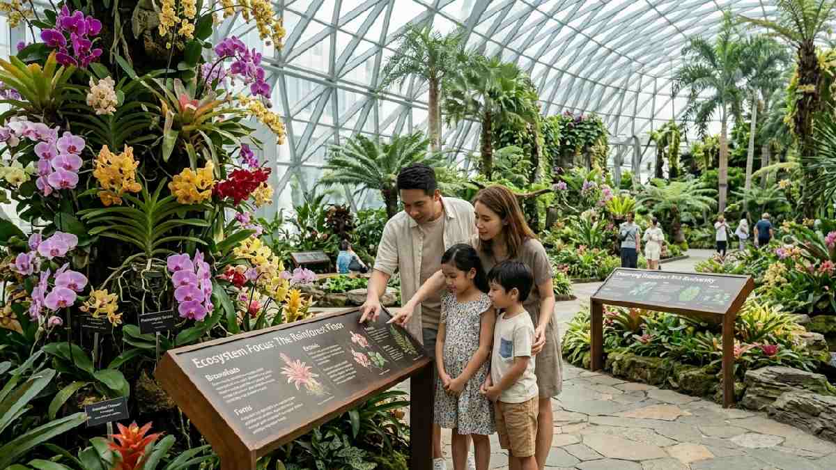 A family reading plant information signs inside a lush indoor botanical garden learning about different species and ecosystems in a calm setting. 