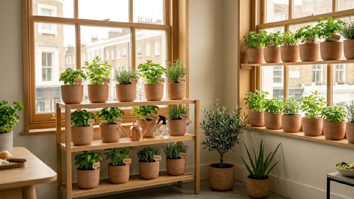 Small green herb pots on wooden shelves and a windowsill naturally enhancing the home interior with fresh color and calm atmosphere. 