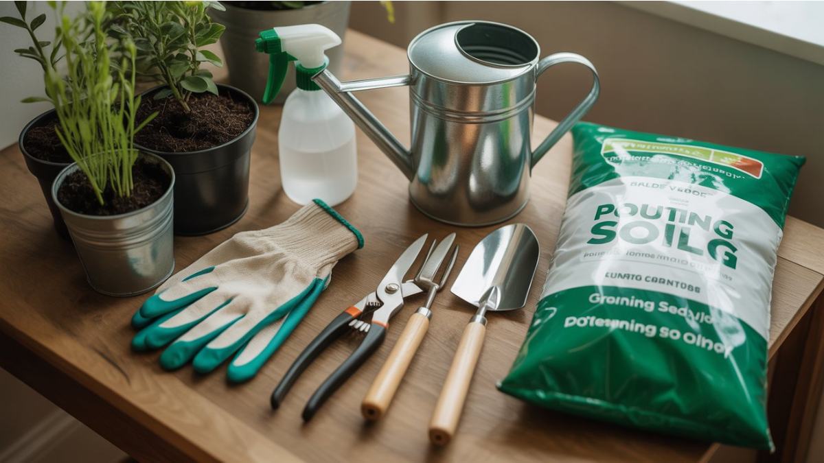 Essential gardening tools including a trowel, watering can, pruning shears, gloves, and soil bag arranged on a wooden table showing basic supplies for beginners. 