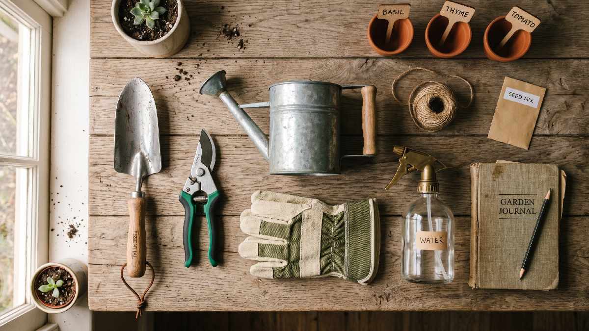 Essential beginner gardening tools including hand trowel, pruning shears, watering can, gloves, and spray bottle on a wooden surface showing practical starter equipment. 