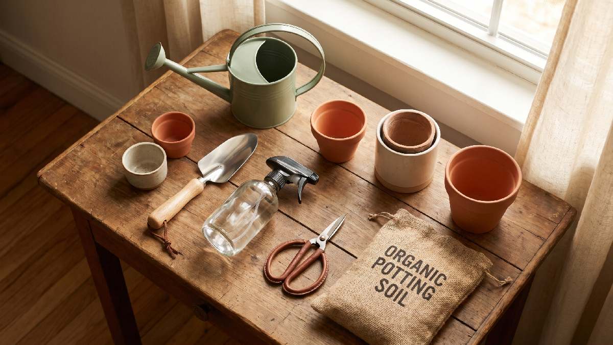 Essential apartment gardening tools including a watering can, trowel, spray bottle, scissors, and small pots arranged neatly showing practical basics for beginners. 
