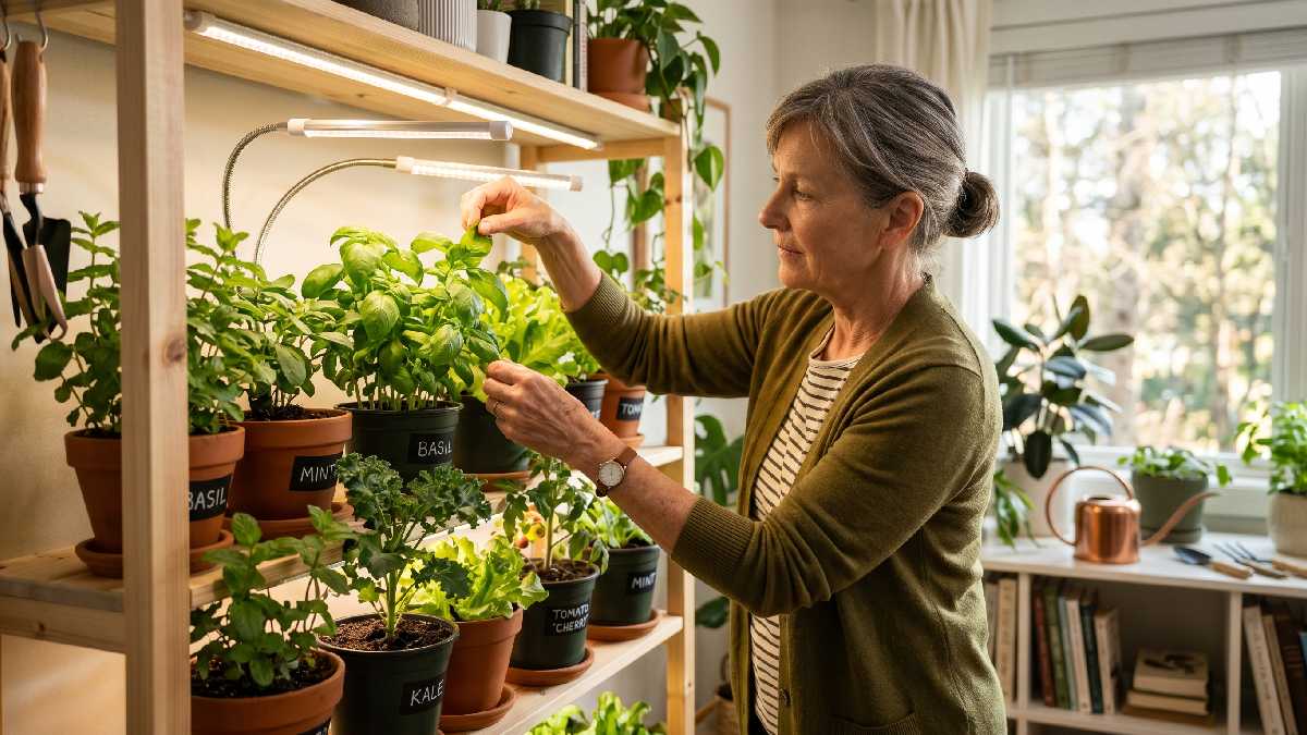 An experienced person observing indoor vegetable plants and adjusting grow light showing expert tips for better indoor gardening results at home. 