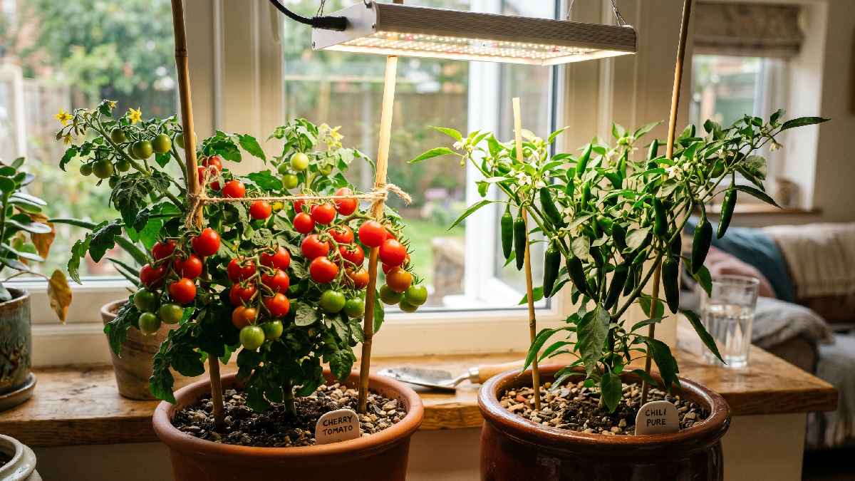 Cherry tomatoes and chili plants with ripe fruits growing in deep indoor pots under strong grow lights showing rewarding fruiting plant results at home. 