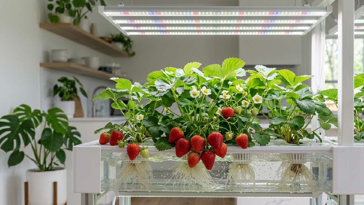 Fresh red strawberries growing in an indoor hydroponic system under bright LED grow lights showing rewarding fruit results at home. 