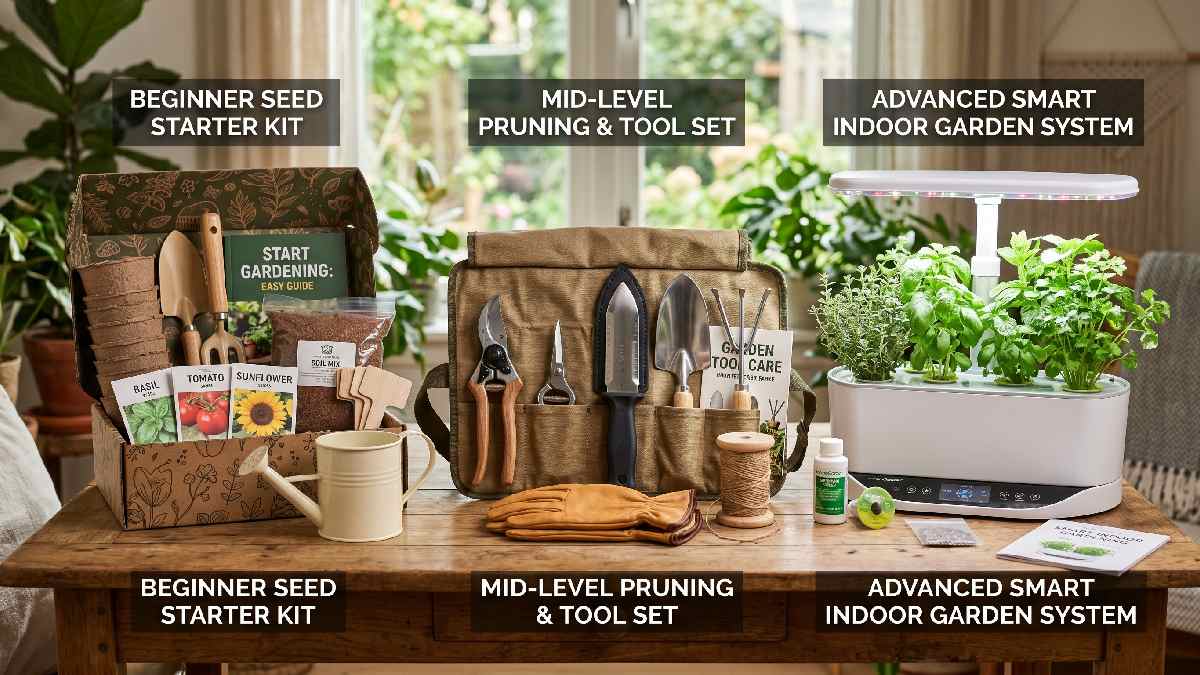 Three gardening gift setups for different types of men showing beginner seed kit, regular tool set, and advanced smart garden system side by side.