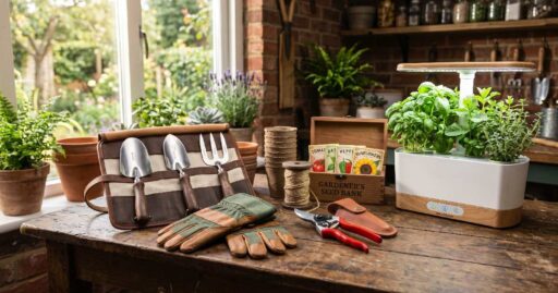 A collection of Gardening Gifts for Men including tool set, gloves, pruning shears, and smart indoor garden system showing practical useful presents for everyday gardening.