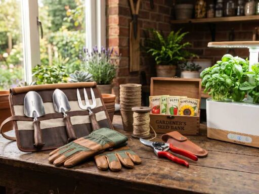 A collection of Gardening Gifts for Men including tool set, gloves, pruning shears, and smart indoor garden system showing practical useful presents for everyday gardening.