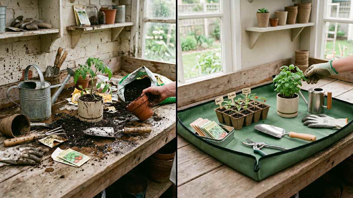 A side by side comparison of a messy traditional gardening workspace and a clean organized gardening mat setup showing clear differences in cleanliness and control. 