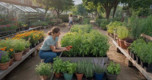 A person exploring a local community gardening near me space with green raised beds, colorful pots, and fresh herbs showing beginner friendly neighborhood gardening.