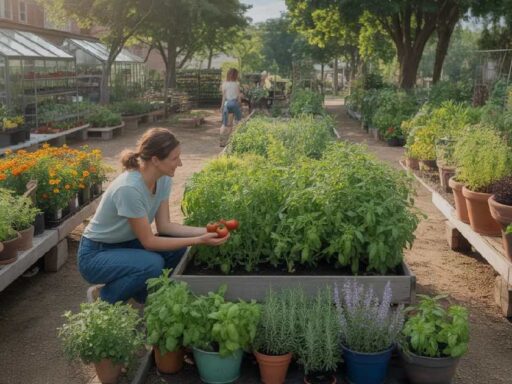 A person exploring a local community gardening near me space with green raised beds, colorful pots, and fresh herbs showing beginner friendly neighborhood gardening.