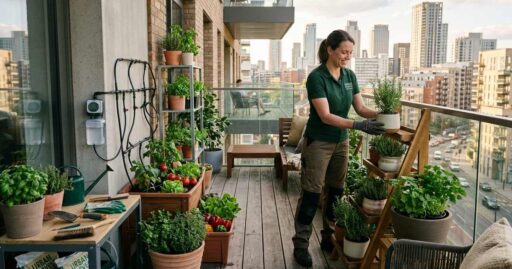 A professional Gardening Services expert setting up a lush green balcony with herb pots, vegetable containers, and vertical plant stands showing expert urban home gardening transformation.