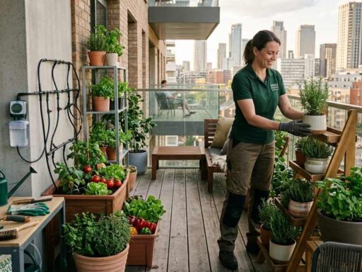 A professional Gardening Services expert setting up a lush green balcony with herb pots, vegetable containers, and vertical plant stands showing expert urban home gardening transformation.