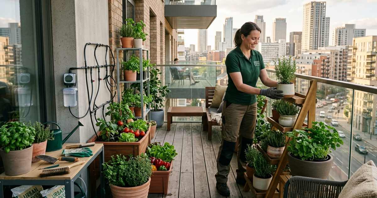 A professional Gardening Services expert setting up a lush green balcony with herb pots, vegetable containers, and vertical plant stands showing expert urban home gardening transformation.