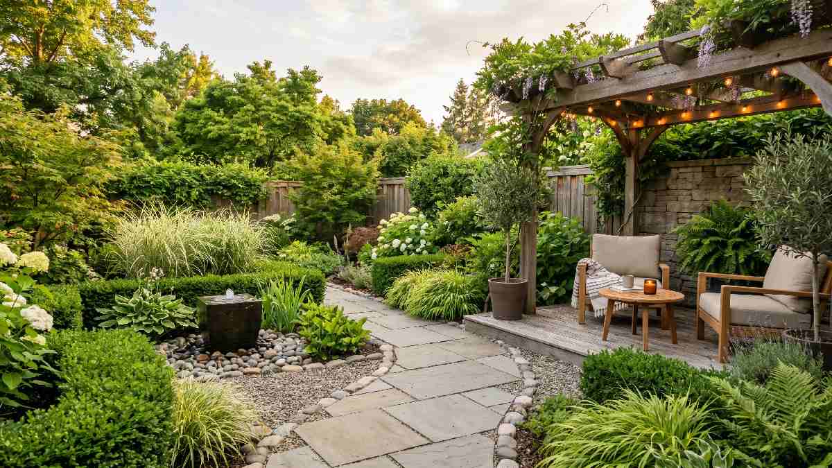 A beautifully designed landscaped backyard with stone paths, water features, and outdoor seating inspired by creative gardening show landscaping ideas.