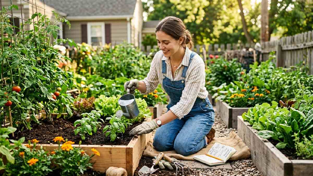 A beginner gardener practicing plant care and learning gardening words starting with A through real garden activities at home.