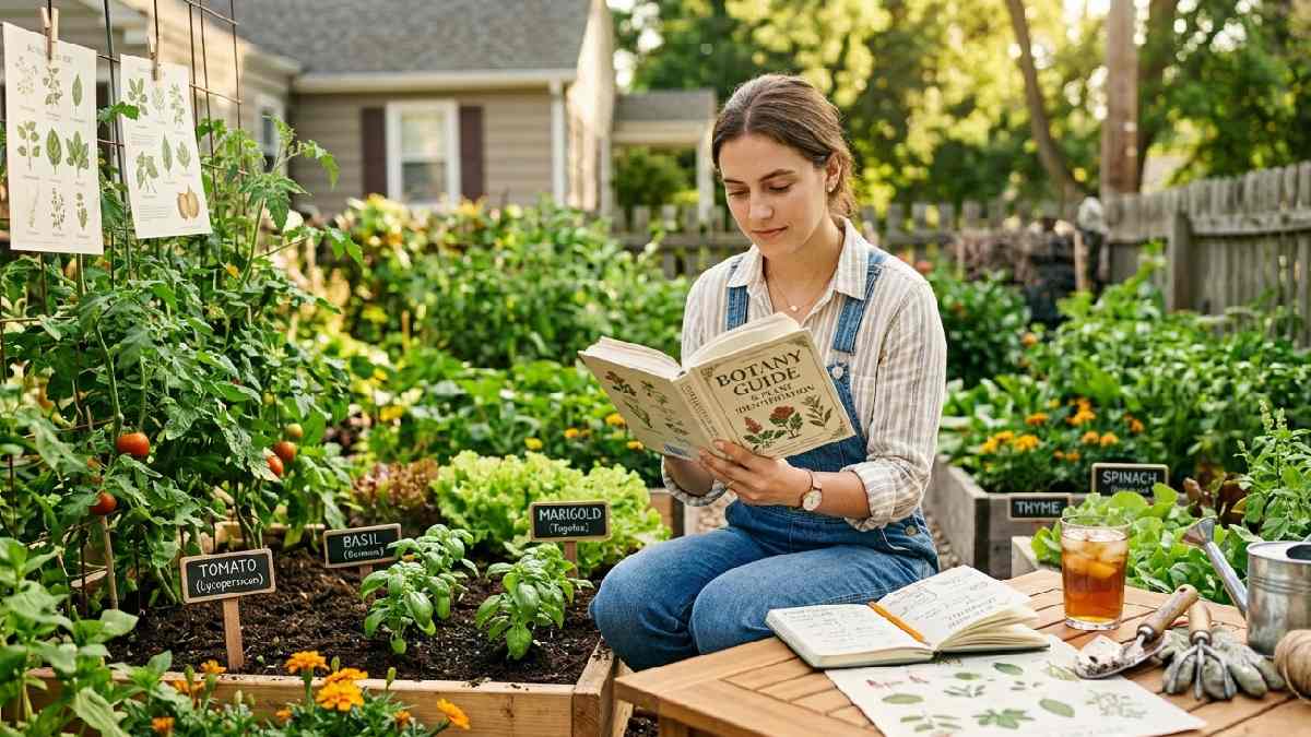 A gardener learning gardening words starting with B through plant guides and botanical classification in a fresh home garden.