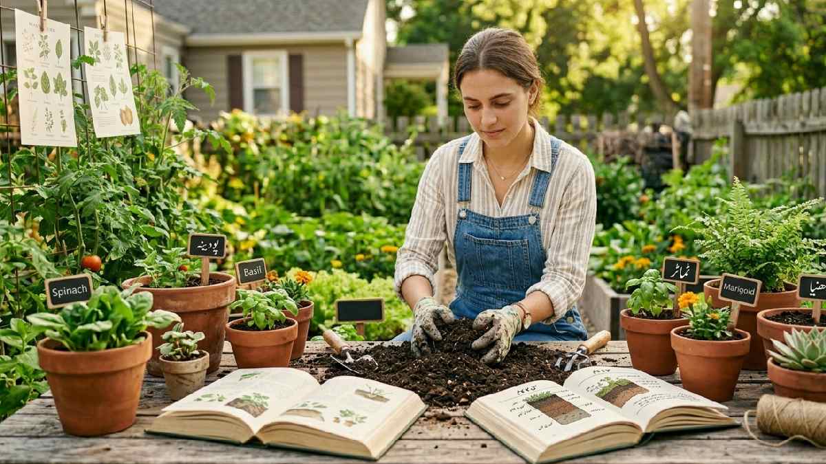 A gardener learning gardening words starting with C while working with compost soil, plant types, and planting methods in a home garden.