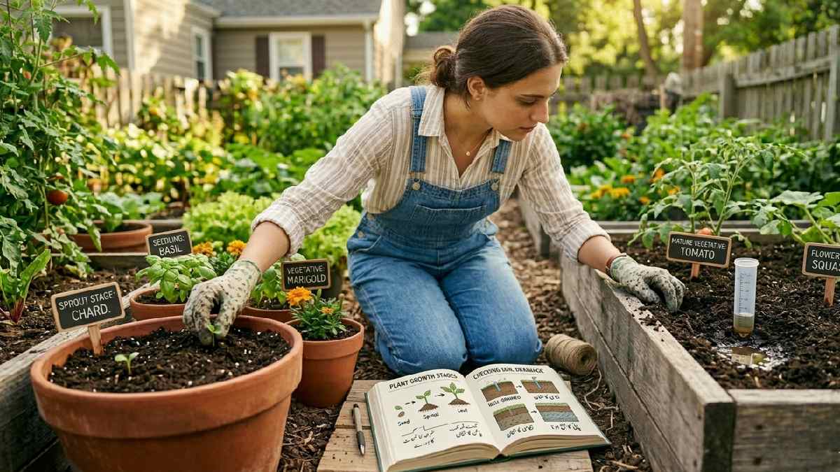 A gardener studying gardening words starting with D while observing plant processes, soil conditions, and care stages in a home garden.