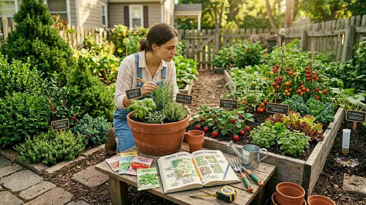 A gardener exploring gardening words starting with E while caring for evergreen plants and a fresh edible garden with vegetables and herbs at home.