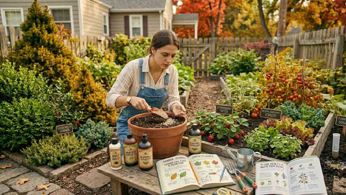 A gardener learning gardening words starting with F while feeding plants, managing soil nutrition, and handling seasonal care in a home garden.