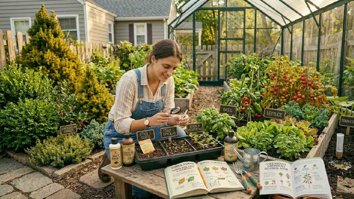 A gardener learning gardening words starting with G while studying plant growth stages and structures from seeds to full growth in a garden.