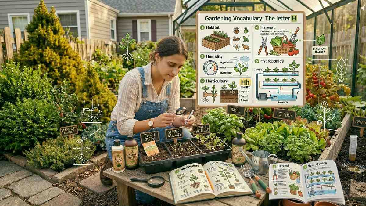 Gardening words starting with H include habitat, harvest, humidity, horticulture, and hydroponics, helping improve plant knowledge and garden care understanding.