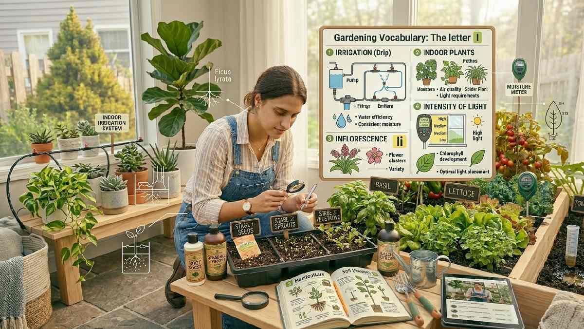 Gardening words starting with I include irrigation, indoor plants, inflorescence, and light intensity, helping improve plant care and watering system understanding.