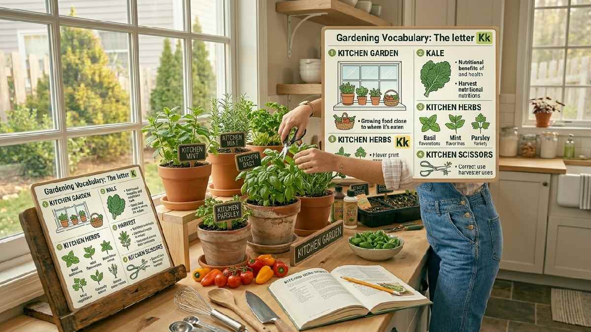 Gardening words starting with K include kitchen gardening, herbs, and home-grown ingredients used for cooking and small space plant cultivation.