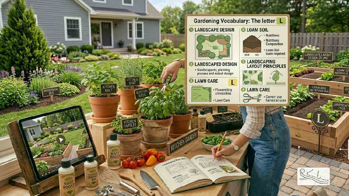 Gardening words starting with L include landscape design, loam soil, and layout planning, helping improve garden structure and soil understanding.