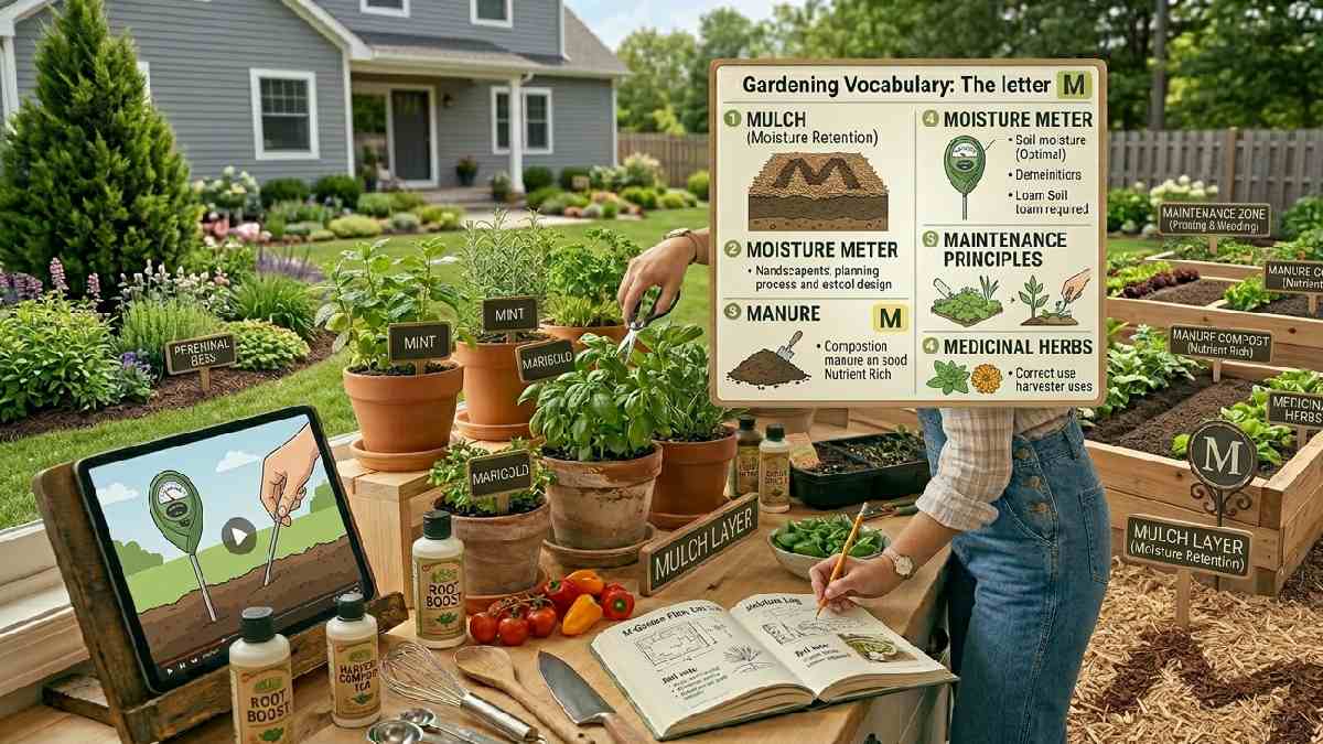 Gardening words starting with M include mulch, moisture, maintenance, and medicinal plants, helping improve soil protection and plant health care.