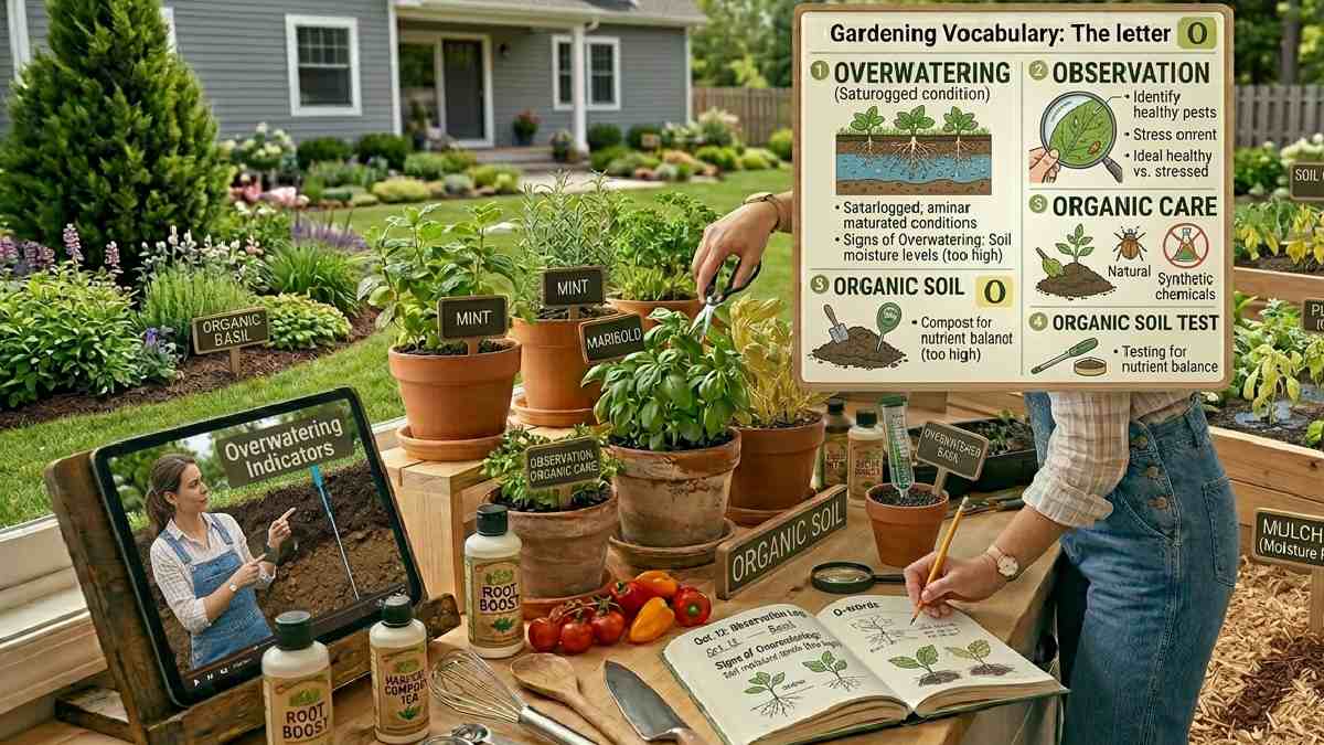 Gardening words starting with O include overwatering, observation, and organic care, helping identify plant problems and improve soil and plant health.